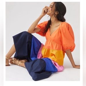 Anthropologie Farm Rio Color Block Puff Sleeve Maxi Dress. Size XS. Worn 1x.